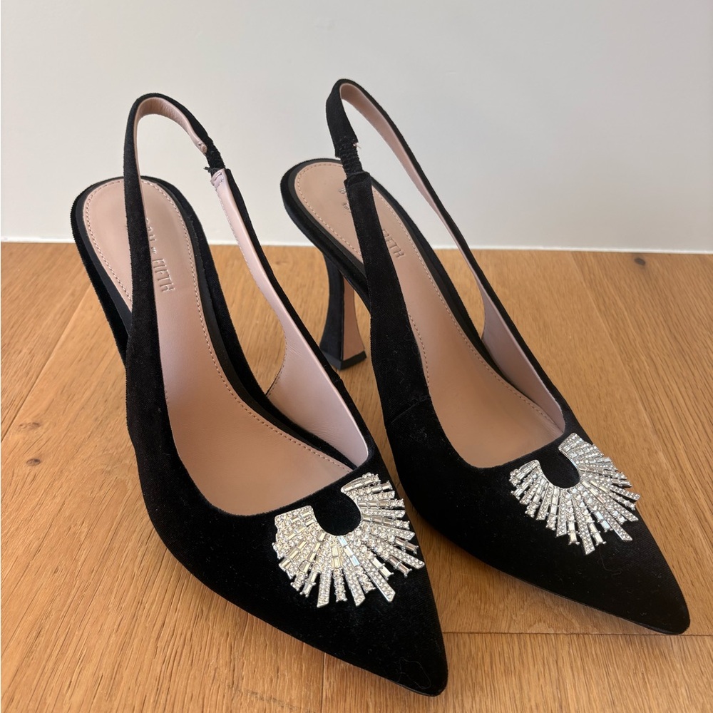 Antonia Melani - Black Velvet Slingback Heels with Crystal Embellishments 9.5